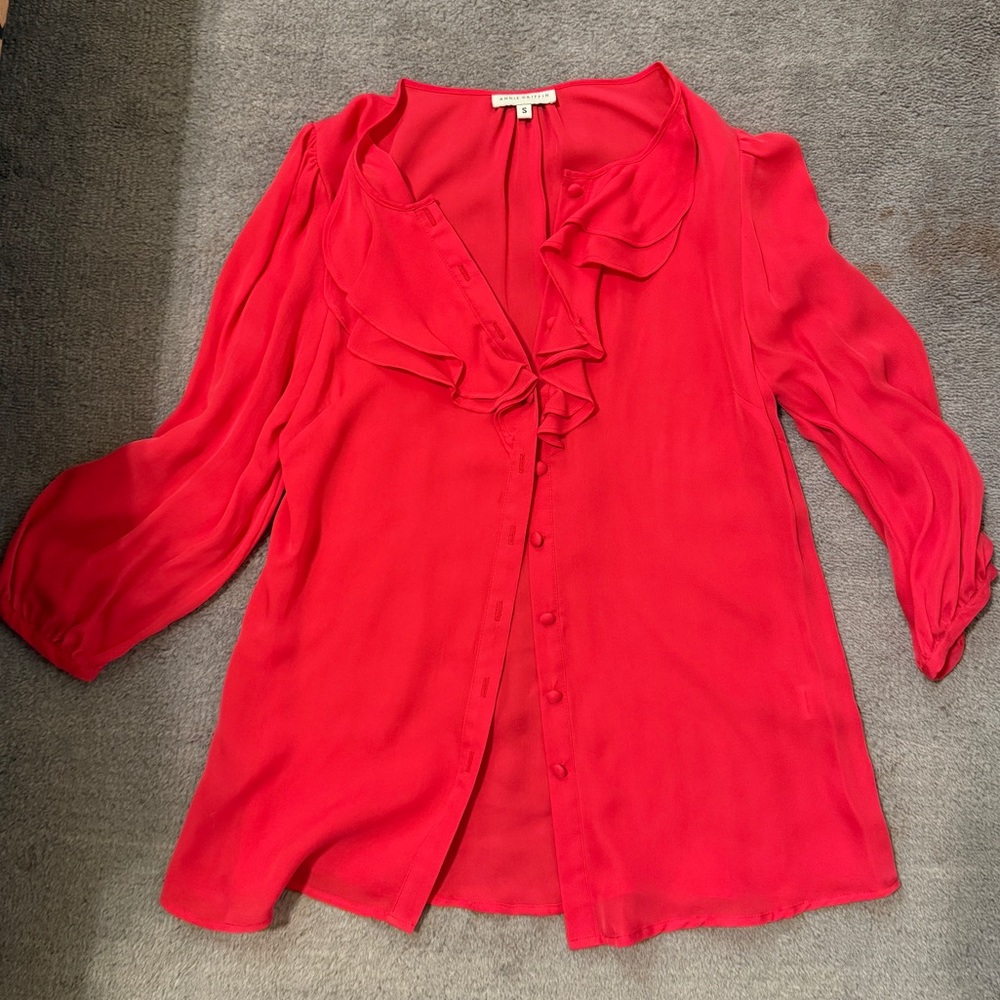 Annie Griffin Red 100% Silk Ruffle Front Button Down Shirt Size S